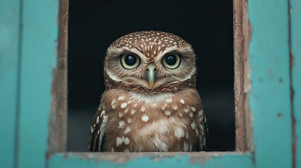 A curious owl peeking through a window in a vibrant city environment, showcasing its unique features and captivating gaze, reflecting the harmony between nature and urban life.