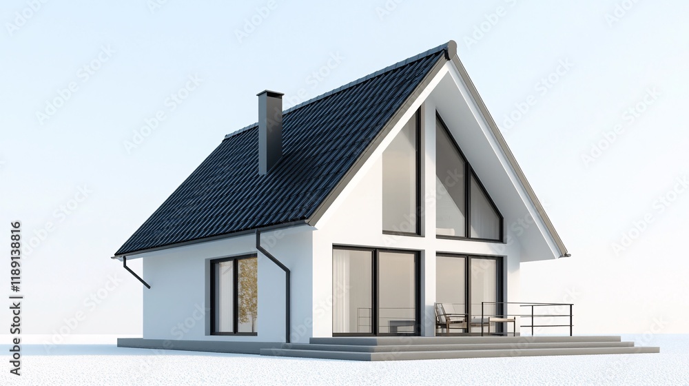 Poster modern house design with large windows and balcony in a serene environment