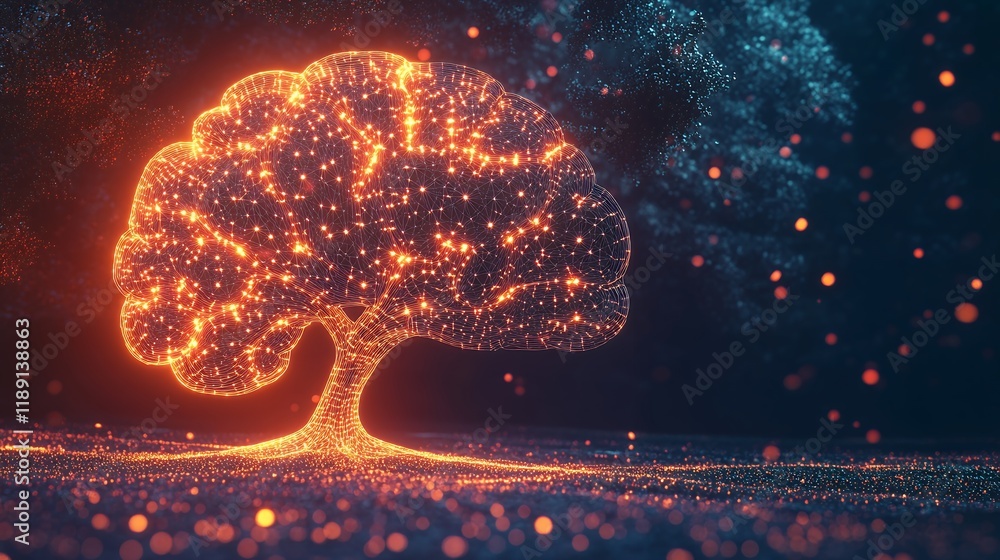Poster glowing wireframe tree abstract digital art network technology nature concept