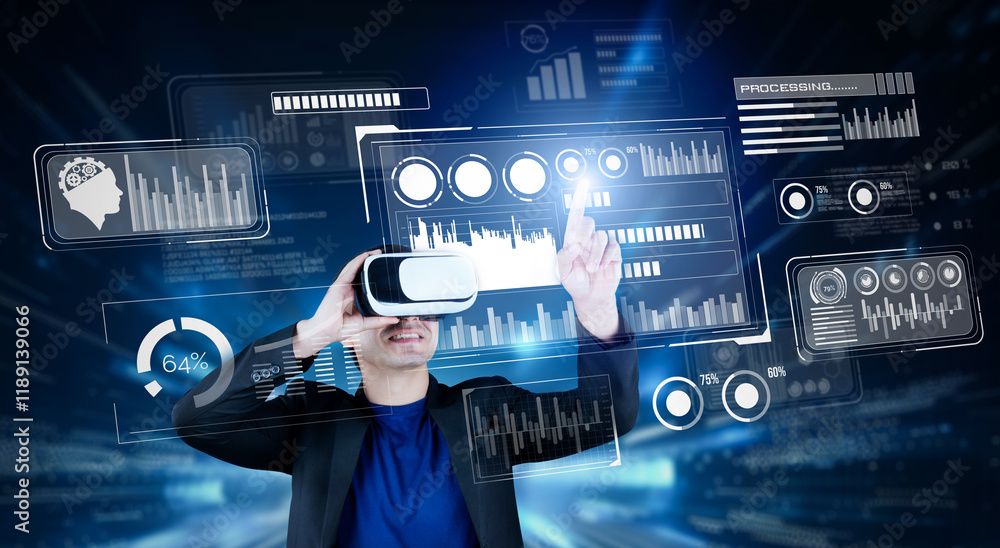 Poster smart business man with goggles working while using ai technology. manager accessing at global netwo