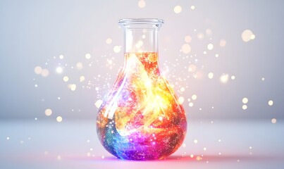 Glowing colorful liquid in a glass flask.