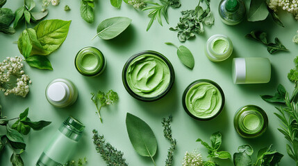 Top above view of organic herbal cosmetic beauty treatment products, essential oil bottles and skin care wellness ingredients made of plants.