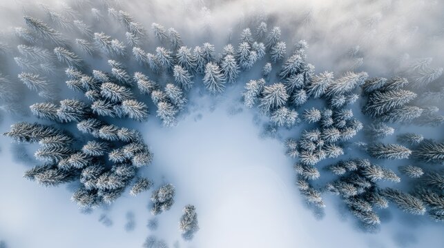 Aerial view of winter forest covered by heavy snow.