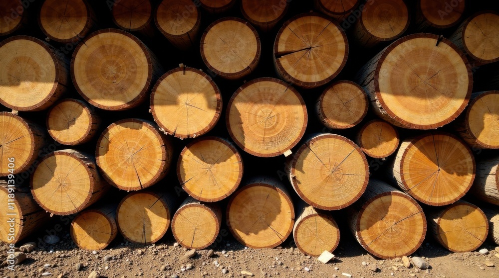 Poster stacked wood logs, sunlight and shadow patterns on the surface of the cut ends