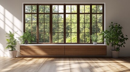 Modern living space with large windows showcasing natural light and greenery