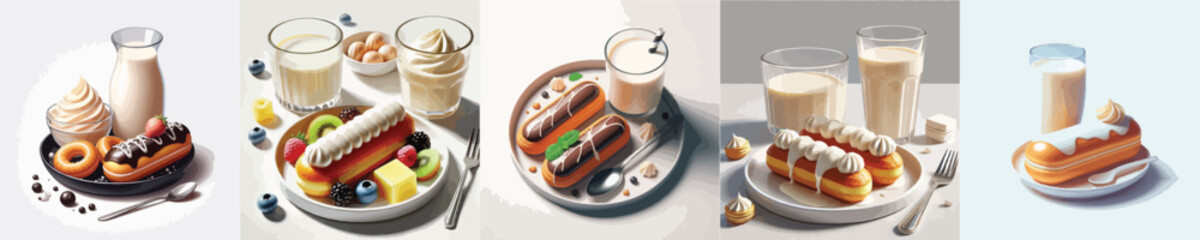 collection of sweet eclairs and milk dishes