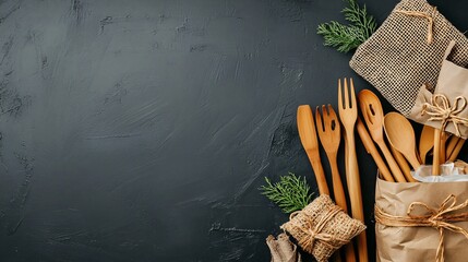 Eco-Friendly Bamboo Kitchen Utensils Gift Set on Dark Background