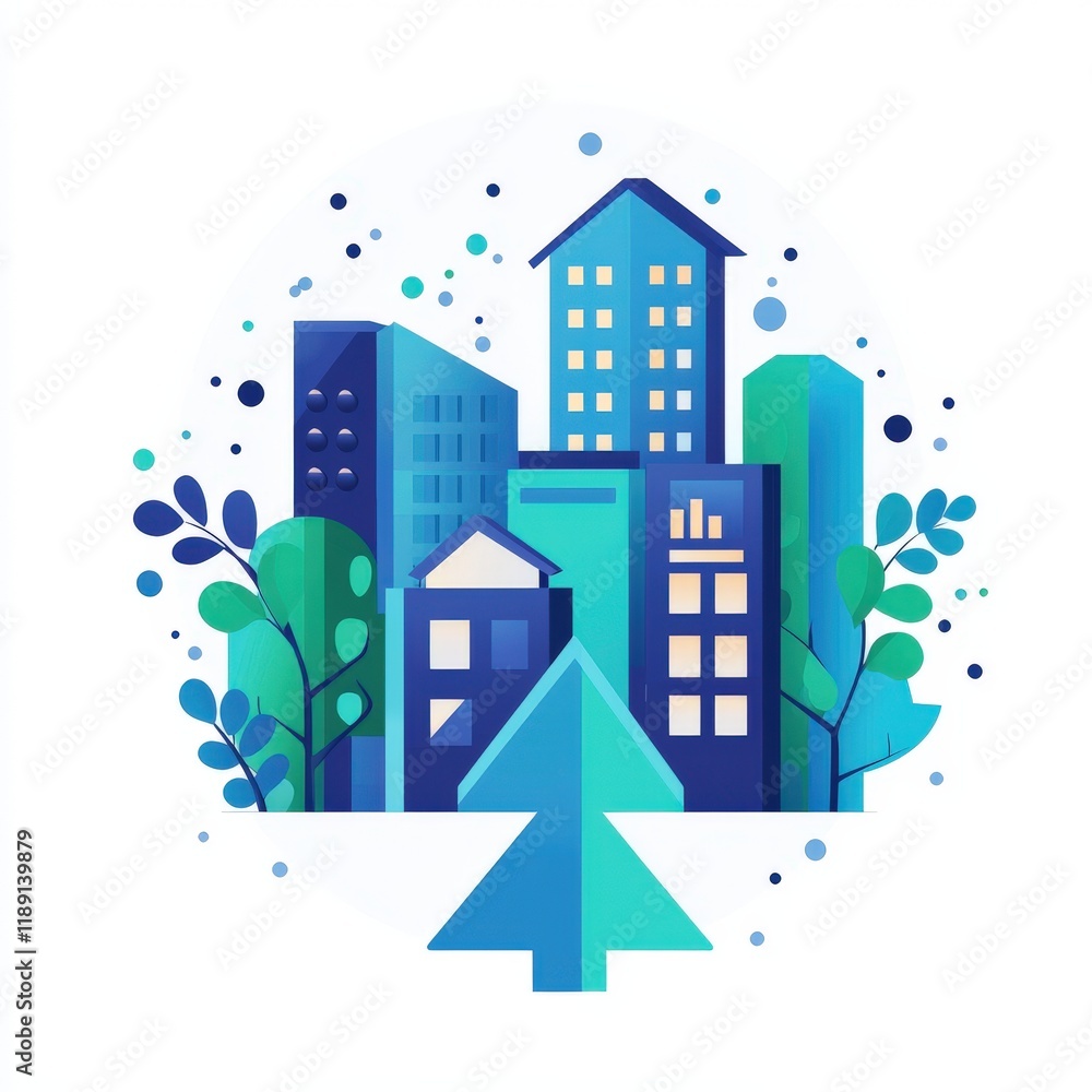 Poster modern flat vector graphic of an upward pointing arrow with cityscape background
