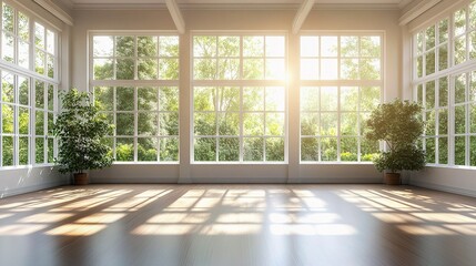 Obraz premium Sunlit Interior with Garden View: A bright and airy interior space is bathed in sunlight streaming through expansive windows, showcasing a tranquil garden view.