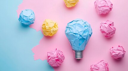 Light bulb with colorful crumpled paper balls on a pastel background