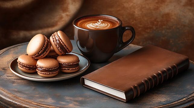 Close-up shot of mocha mousse themed diary, coffee cup and macrons.