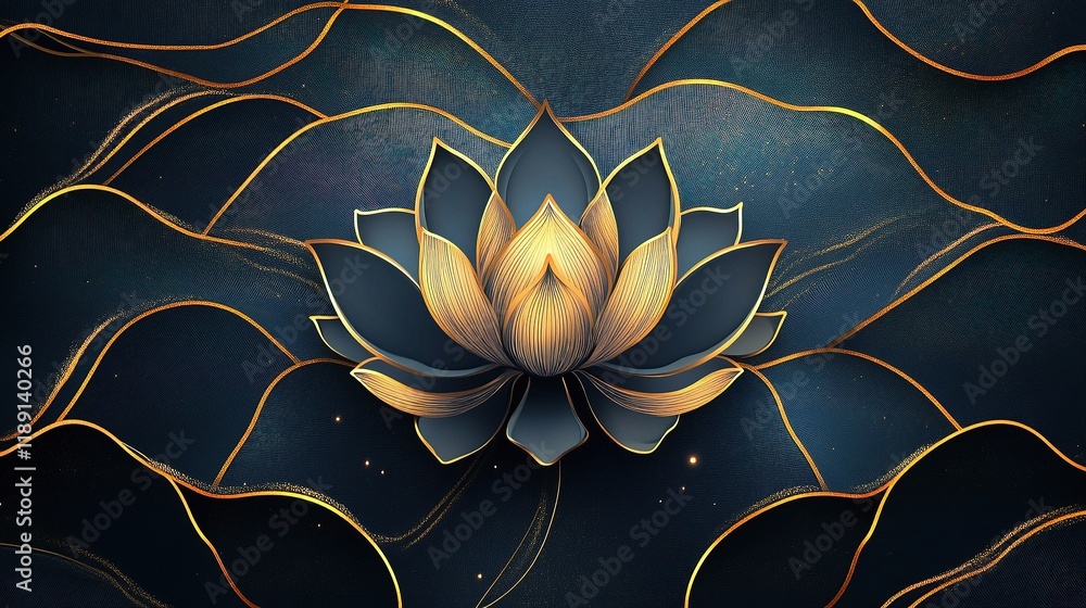 Poster elegant lotus design with golden lines and dark background art