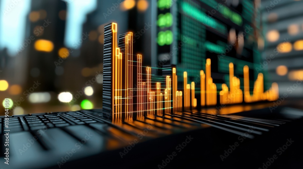Poster a modern digital representation of data with vibrant bars on a keyboard, symbolizing technology, ana