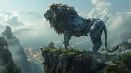 A mechanical lion standing atop a futuristic plateau overlooking a glowing valley.