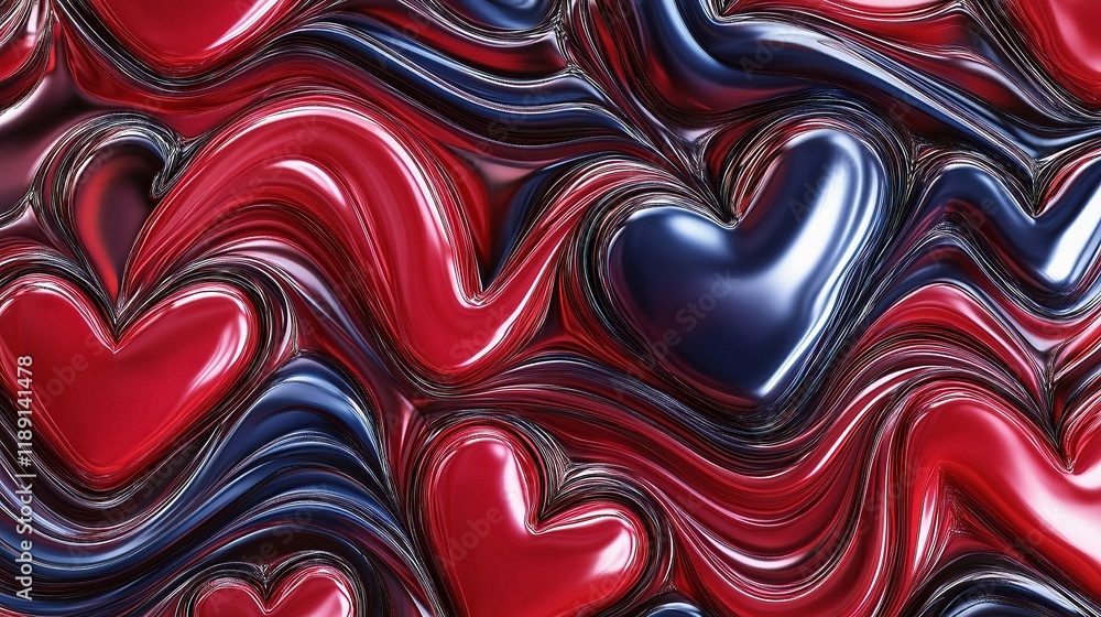 Poster intertwined hearts with swirls and dynamic background patterns
