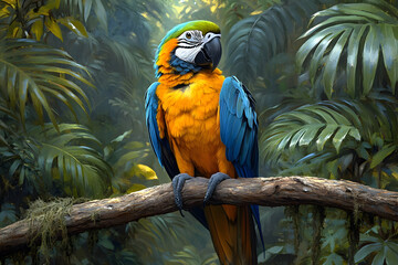 Obraz premium Vibrant Blue and Yellow Macaw Perched on a Branch in a Lush Tropical Forest