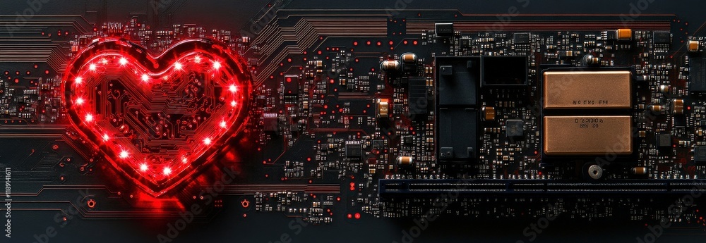 Poster heart shaped computer motherboard with illuminated red light displaying circuit design and technolog