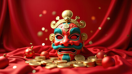 Chinese Opera Mask, Gold Coins, Red - 3D renderings