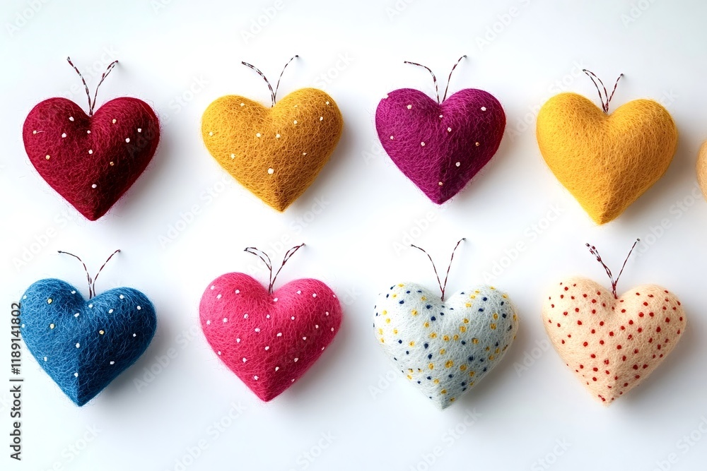 Poster eight vibrant handmade felt hearts with decorative stitching and string loops are displayed on a cle