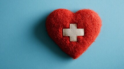 Felt heart with medical cross symbol on a blue background
