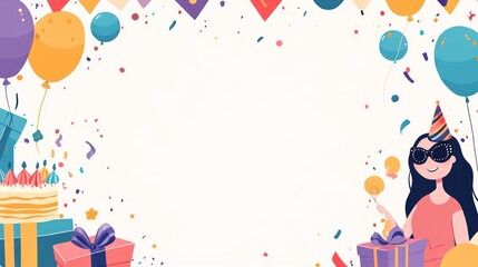 Birthday girl surrounded by gifts, cake, balloons and confetti