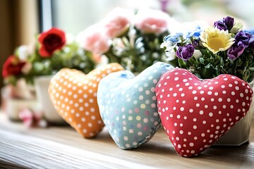 Three vibrant heart-shaped pillows resting on a windowsill, surrounded by blooming potted flowers, create a warm and inviting romantic atmosphere perfect for any cozy home setting