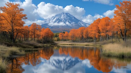 Fototapeta premium Autumn Trees Reflecting in Calm Water Beside a Snowy Mountain
