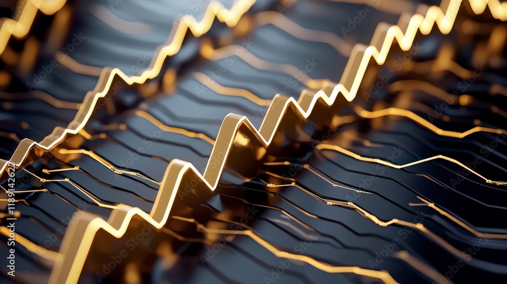 Poster abstract golden waveforms on a dark background, representing data visualization, sound waves, or fin