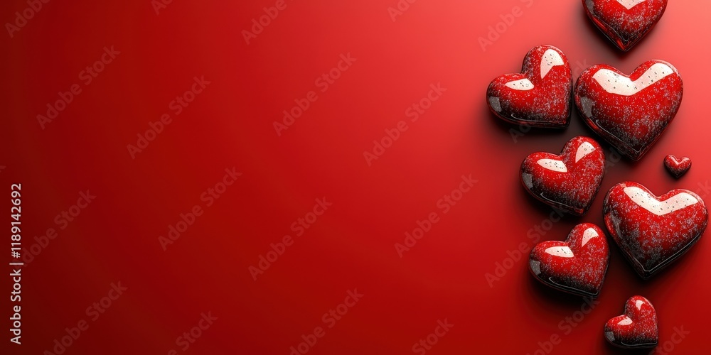 Poster cluster of colorful hearts on a bright red background creating a vibrant and cheerful design valenti