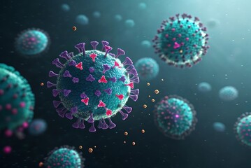Microscopic view of viruses, spherical coronavirus particles, teal and purple color scheme