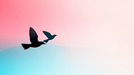 Fototapeta premium Two pastel birds soar gracefully through a serene sky illuminated by soft light