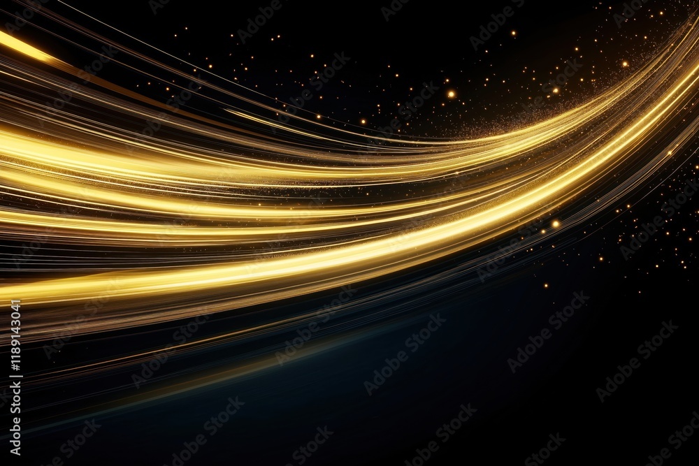 Poster abstract graphic design with golden light streaks, sparkles. dynamic, powerful lines create sense of