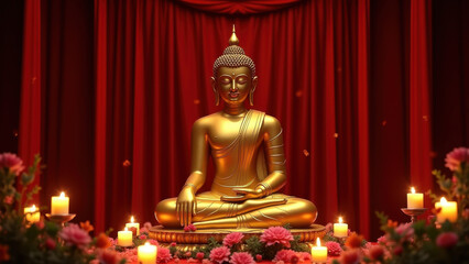 Fototapeta premium Golden Buddha Statue, Peaceful Meditation - Mindfulness & Meditatio.