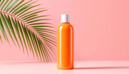 Summer Skincare: Orange Sunscreen Bottle Mockup on Pink Background