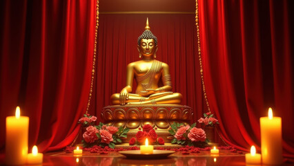 Obraz premium Golden Buddha Statue, Red Curtains, Candles - Spirituality