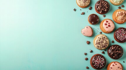 Homemade Valentine Cookies Arranged on Mint Colored Background