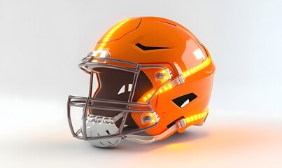 Fototapeta premium Illuminated orange football helmet on white background.