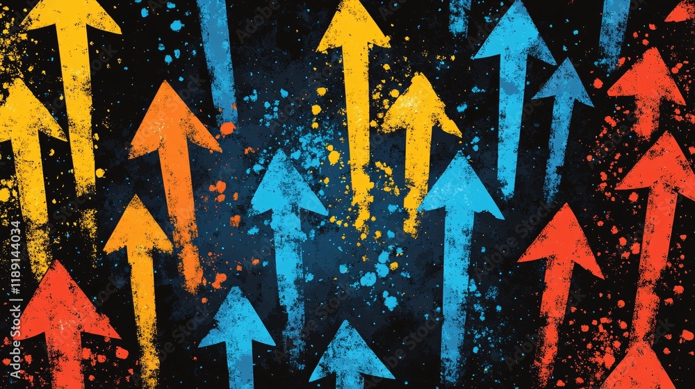 Poster colorful arrows pointing upwards in a dynamic abstract design with vibrant splashes