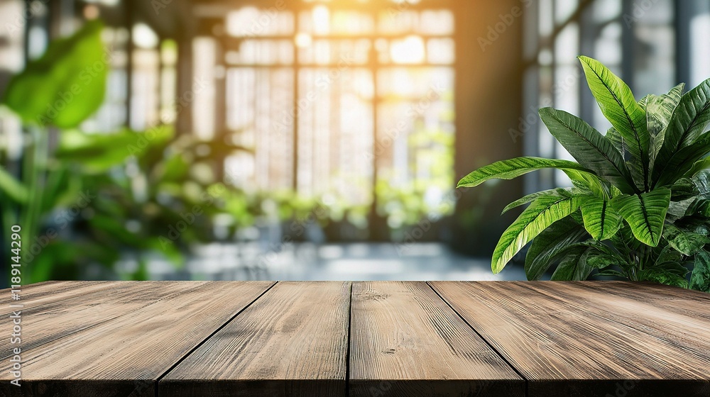 Poster wooden table with blurred garden background: a rustic wooden table sits in the foreground, offering 