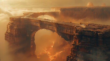 A metallic bridge spanning a canyon on an alien planet, surrounded by glowing fog.
