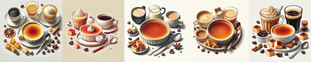collection of creme brulee dishes and sweet drinks