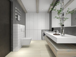 Interior design of a large bathroomHanging toilet.Washing machine in the closet.Large white cabinets in the bathroom.Long washbasin