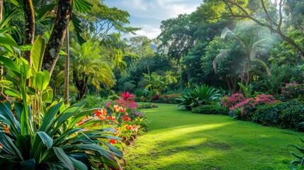 Lush Tropical Garden with Vibrant Flowers and Green Foliage Under a Serene Sky, Perfect for Nature, Landscape, and Outdoor Content