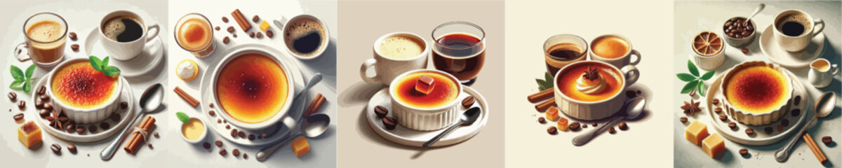 collection of creme brulee dishes and sweet drinks