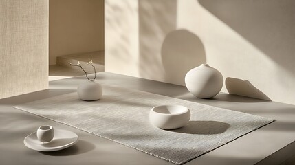 Minimalist White Ceramics and Branches on a Textured Rug