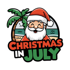 A cartoon of Santa Claus smiling and wearing a red hat. Vector image is titled Christmas in July