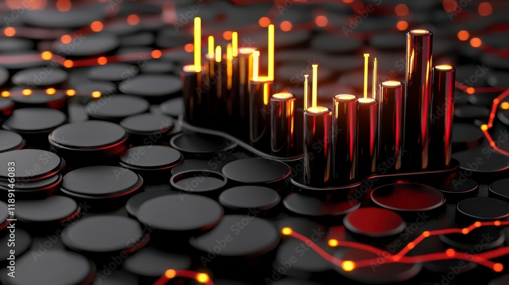 Poster a digital representation of dynamic data visualization, featuring glowing bars on a textured black s
