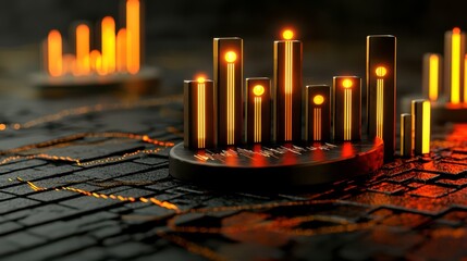 A visually striking 3D representation of glowing data bars on a textured surface, symbolizing analytics or financial trends.