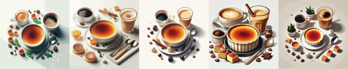 collection of creme brulee dishes and sweet drinks