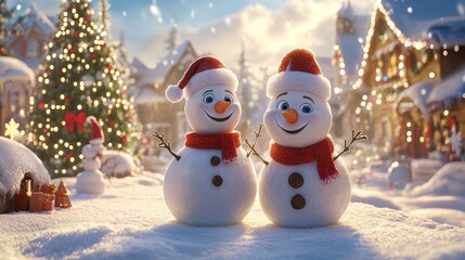 Obraz premium Festive Snowman Couple in Winter Wonderland